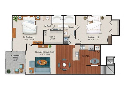 Floor plan for 2 beds, 2 baths, 1111 sqft